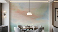 Ethereal brushstroke mural behind a modern dining room 