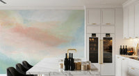Soft pastel hues wall mural in a calming dining room and kitchen 
