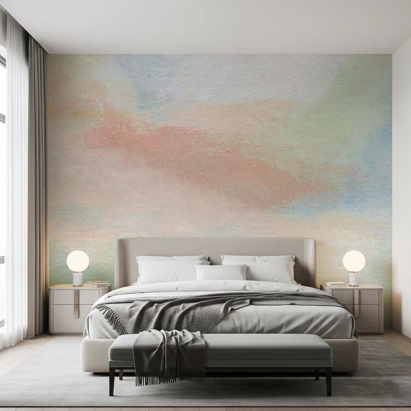 Bedroom featuring light painted brushstroke wall mural