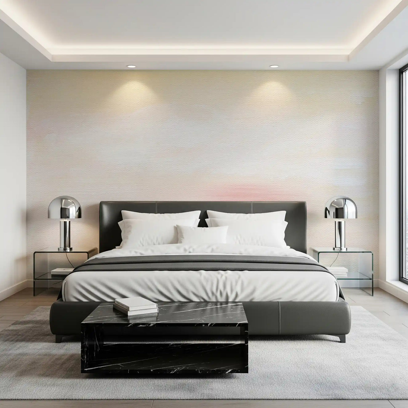 Soft Blush wall mural behind a calm bedroom bed with warm neutral layers