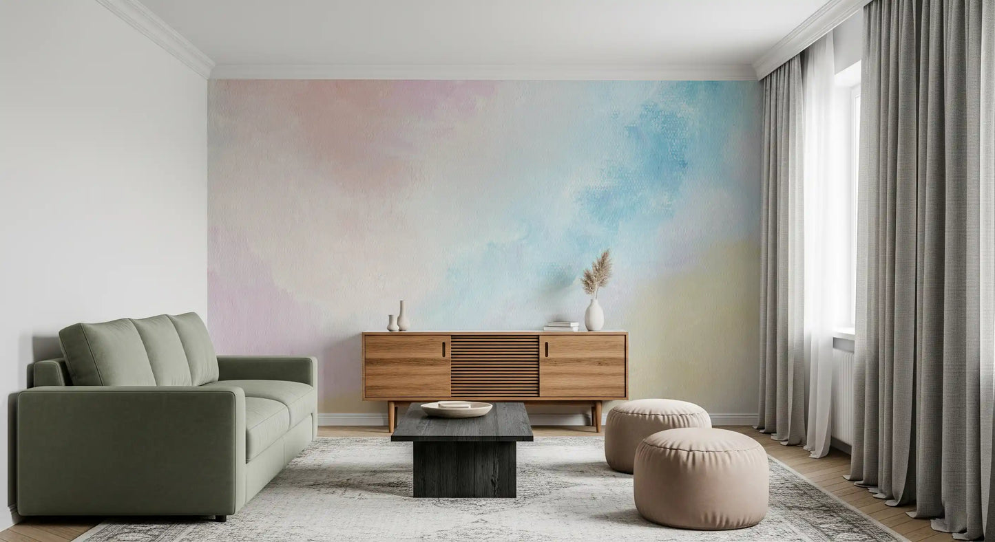 Pastel wall mural in a serene home office with minimal styling