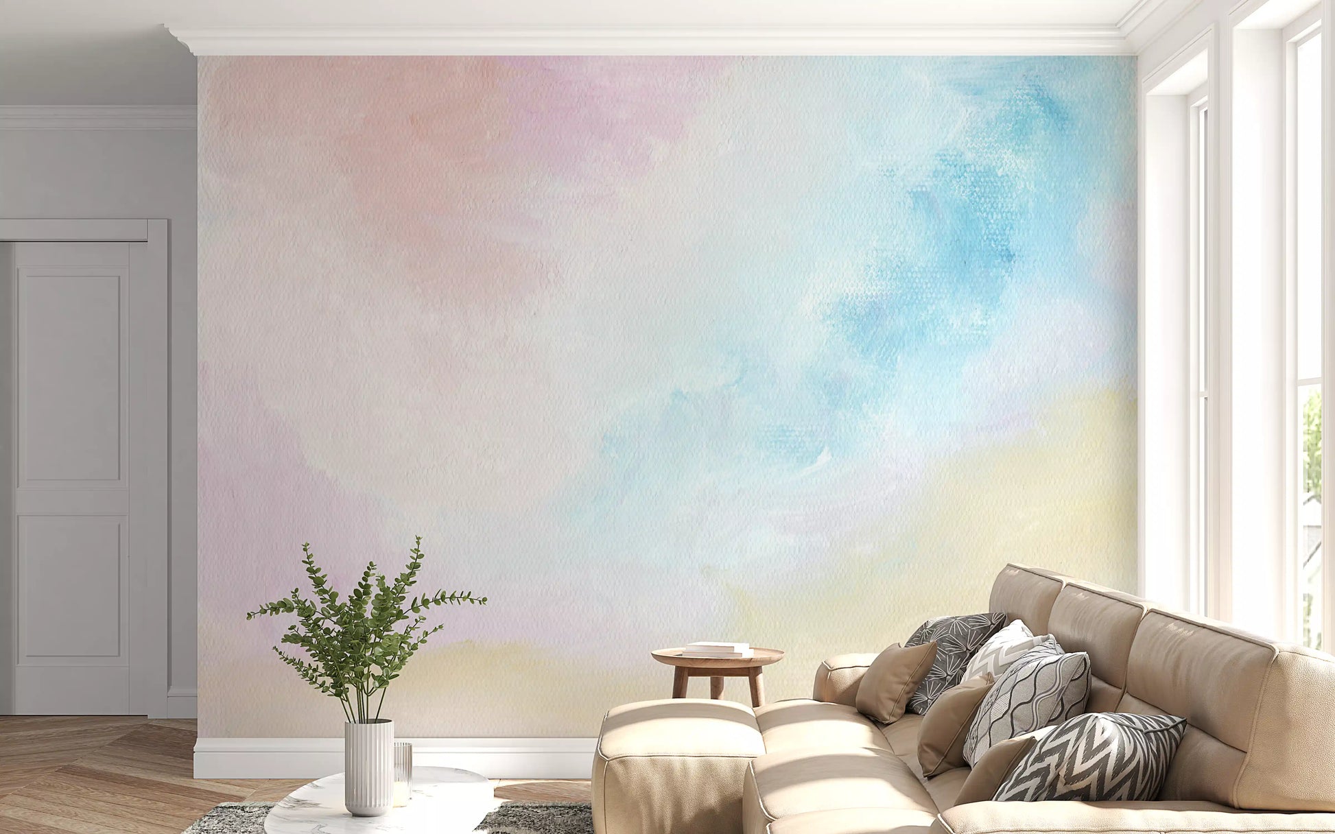 Pastel Sky mural in a Living room with linen seating and warm light