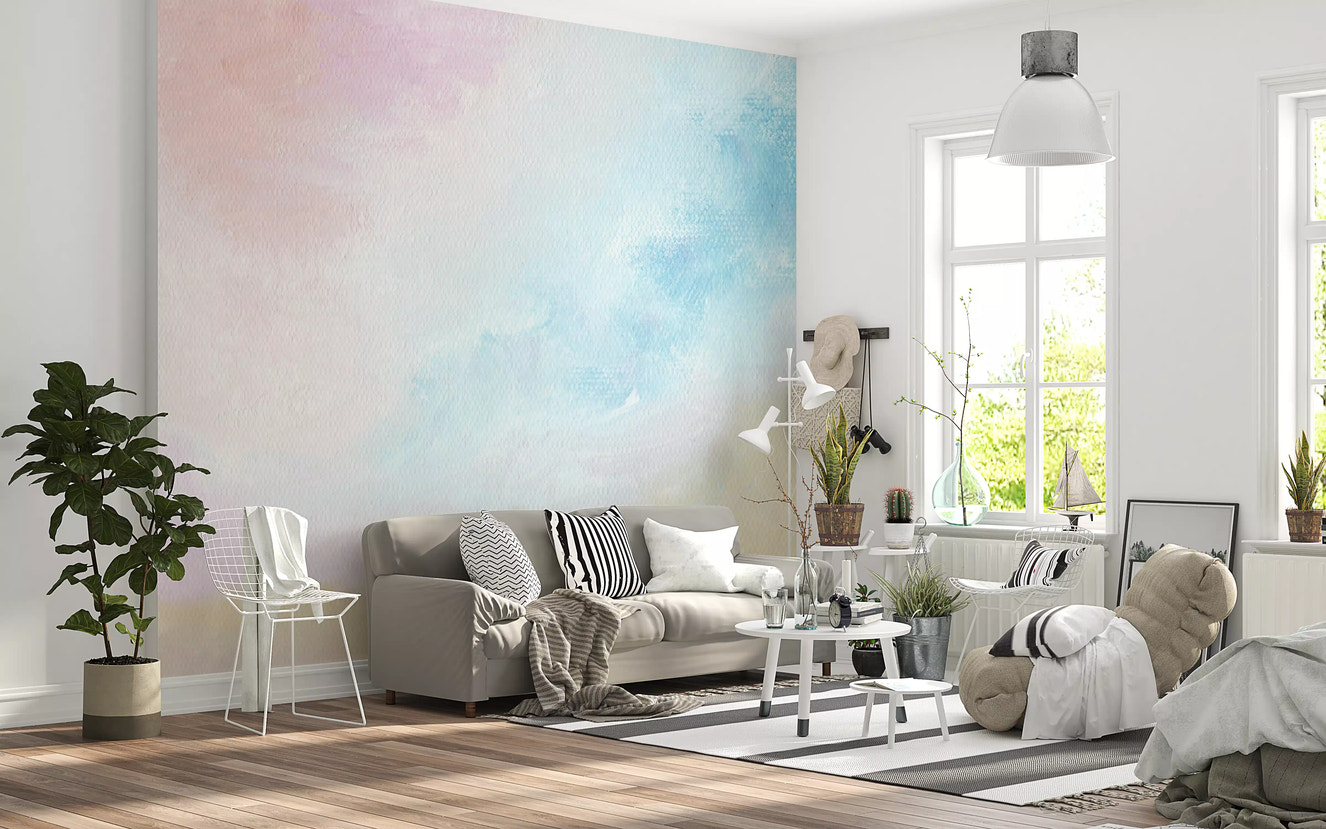 Ethereal Pastel wall mural in a calm hallway with soft neutral bedding