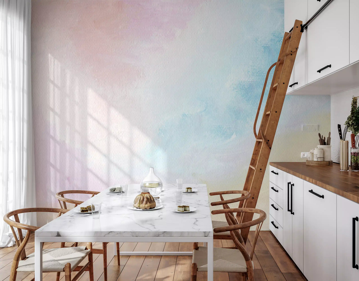 Ethereal Pastel Sky mural behind a kitchen and dining room 