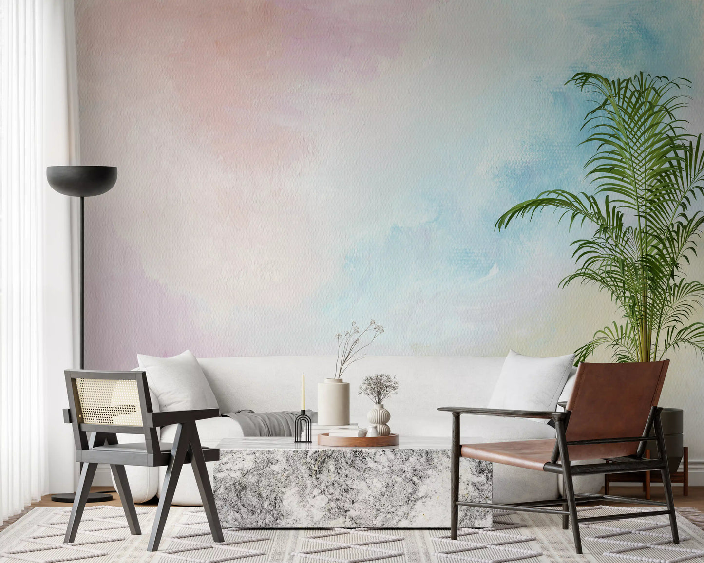 Ethereal Sky wall mural in a quiet living room with pale wood tones