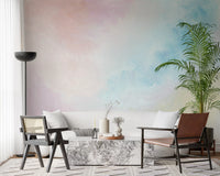 Ethereal Sky wall mural in a quiet living room with pale wood tones