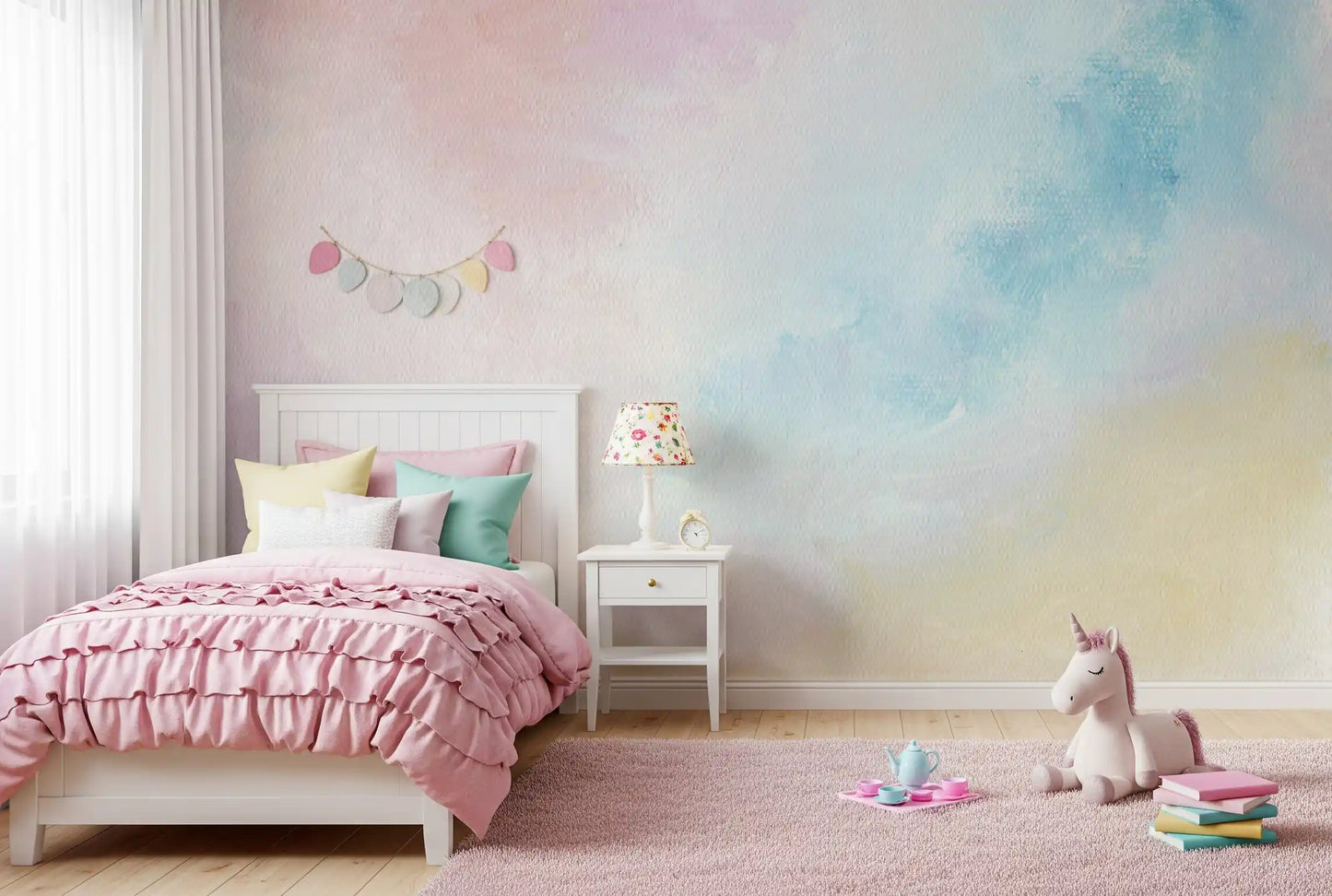 Sky wall mural in a soft bedroom with warm natural textures
