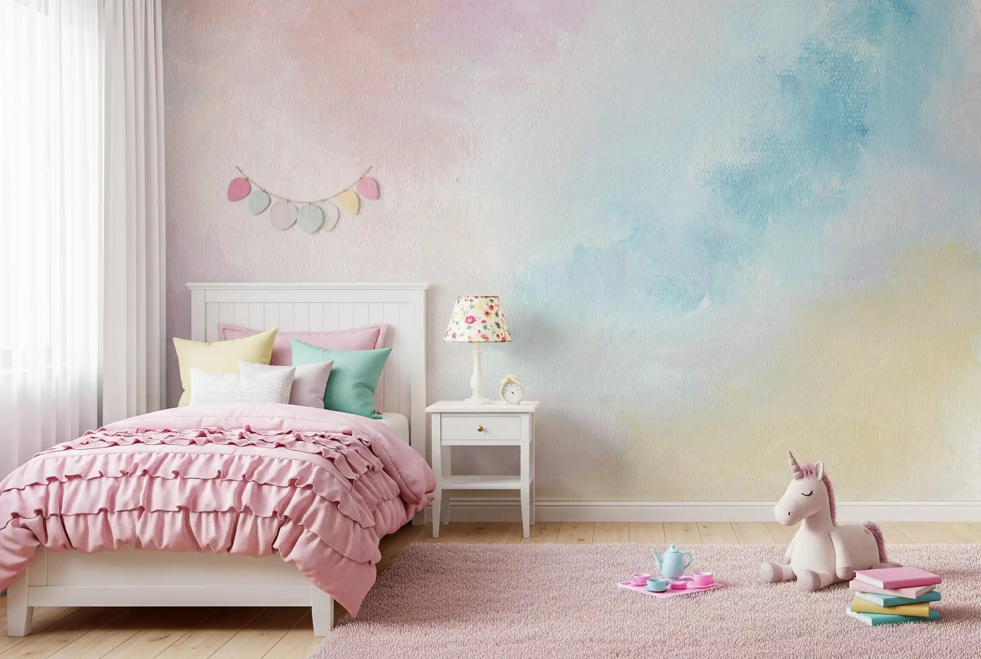 Sky wall mural in a soft bedroom with warm natural textures