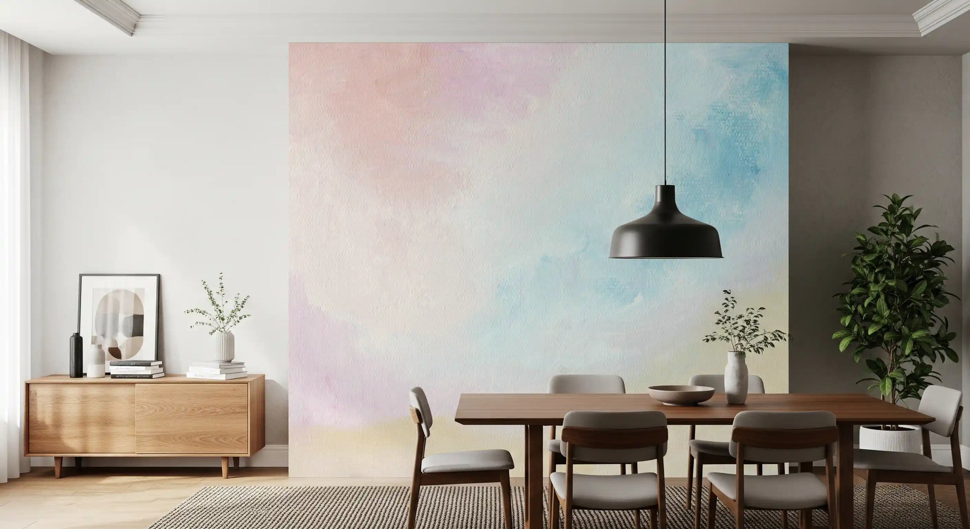 Ethereal wall mural in a Dining room with blush and ivory accents