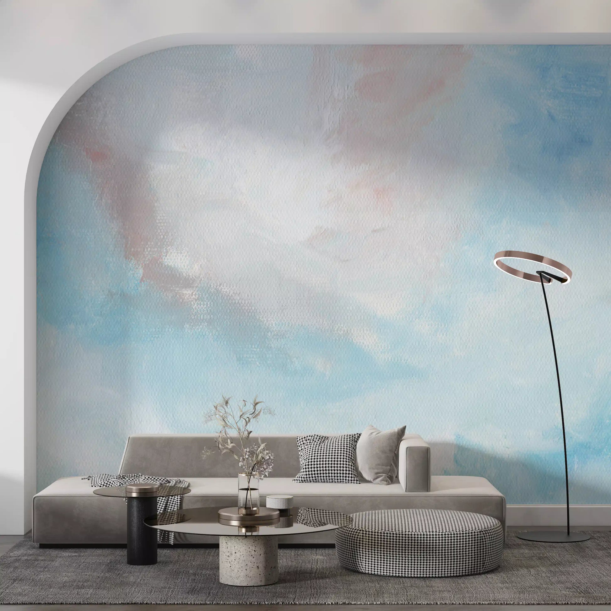 Sky Canvas mural behind in a pastel-toned living room 