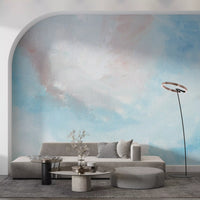 Sky Canvas mural behind in a pastel-toned living room 