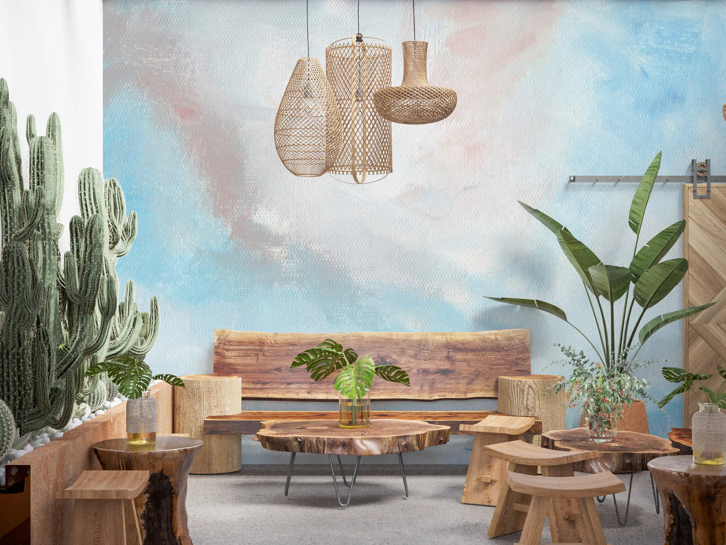 Ethereal Sky wall mural with soft blue haze and blush canvas texture