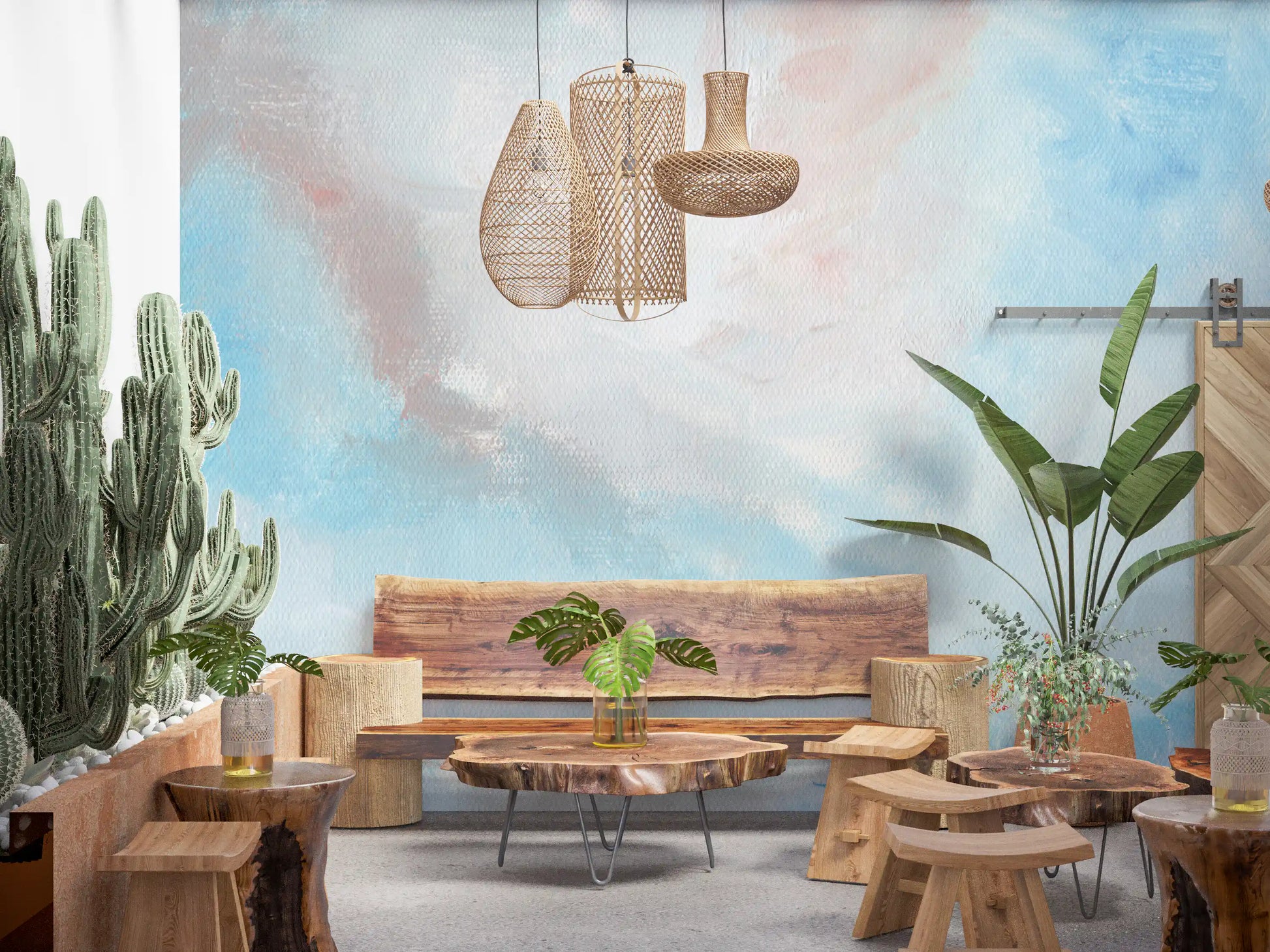 Ethereal Sky wall mural with soft blue haze and blush canvas texture