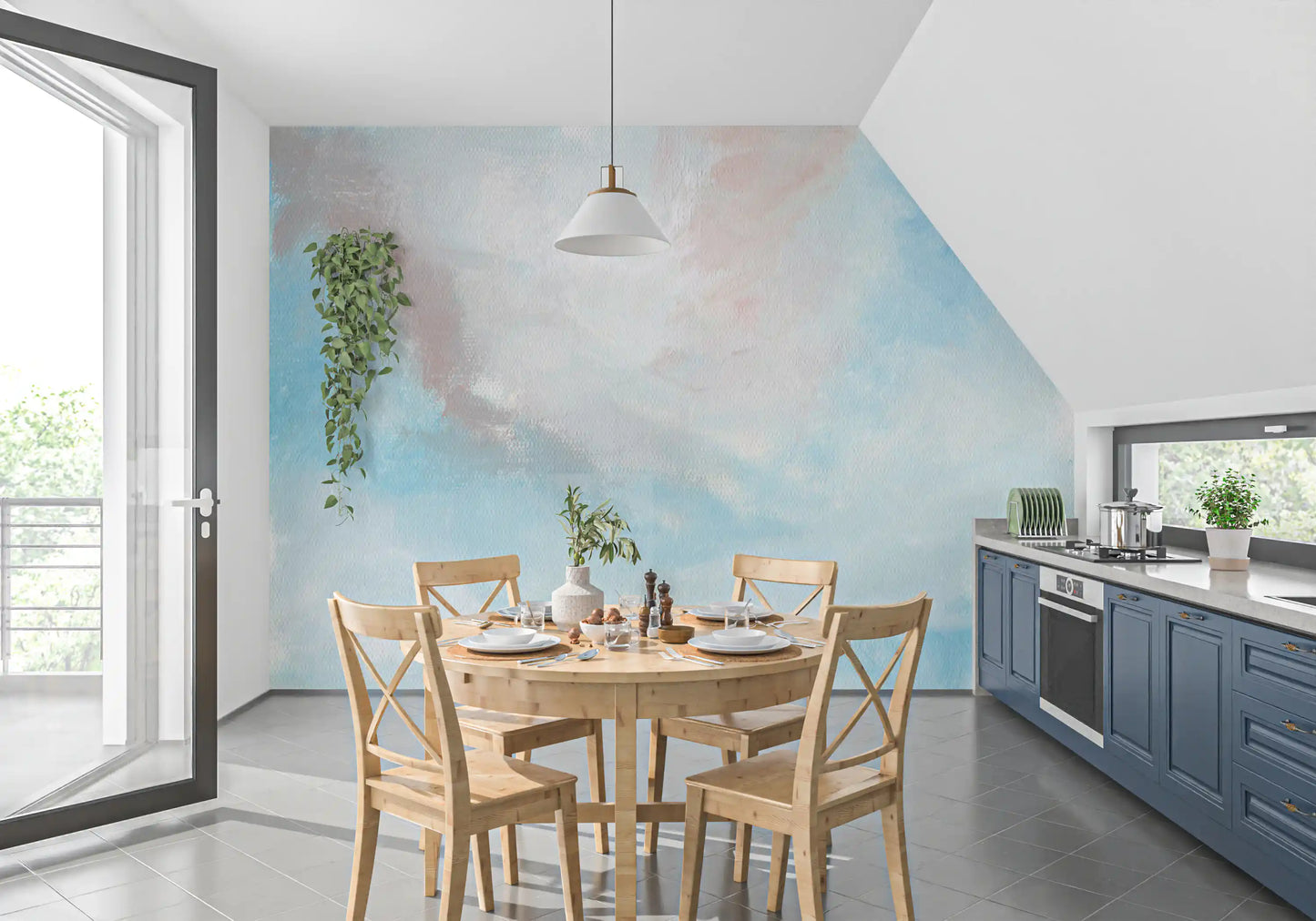Ethereal wall mural in a dining room with cream linen seating
