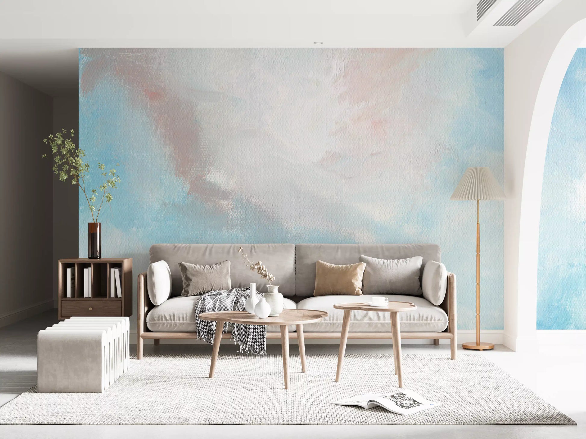 Sky Canvas wall mural in a bright living room with pale wood accents