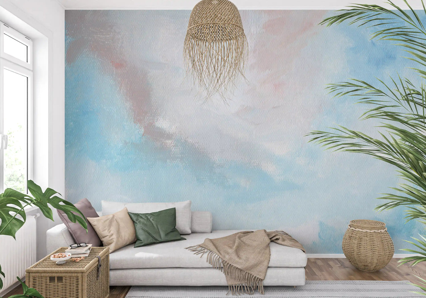 Sky wall mural in a living sitting room with warm neutral textures