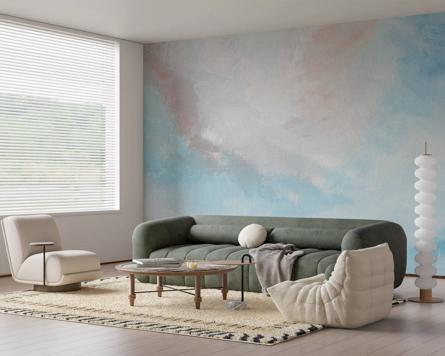 Ethereal Sky mural in a minimalist hallway with soft natural light