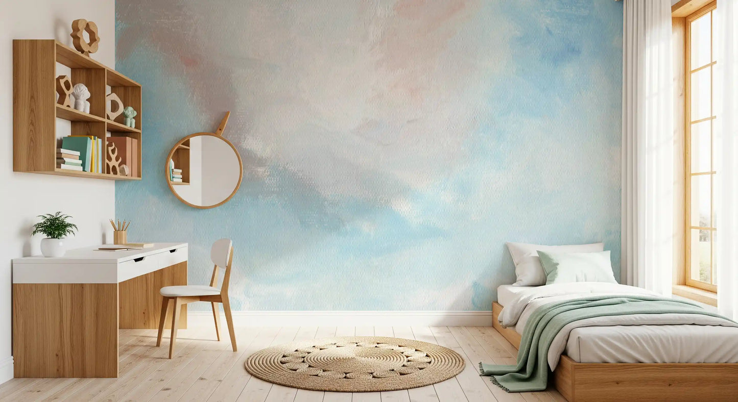 Ethereal Sky wall mural in a calm bedroom with soft neutral bedding