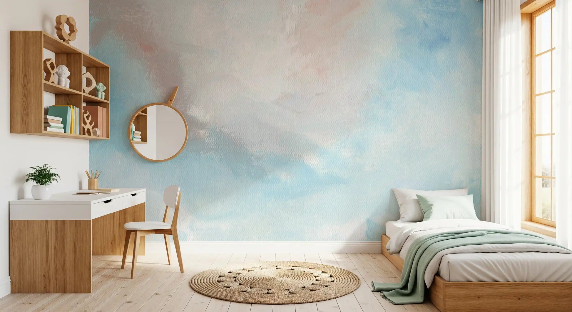 Ethereal Sky wall mural in a calm bedroom with soft neutral bedding