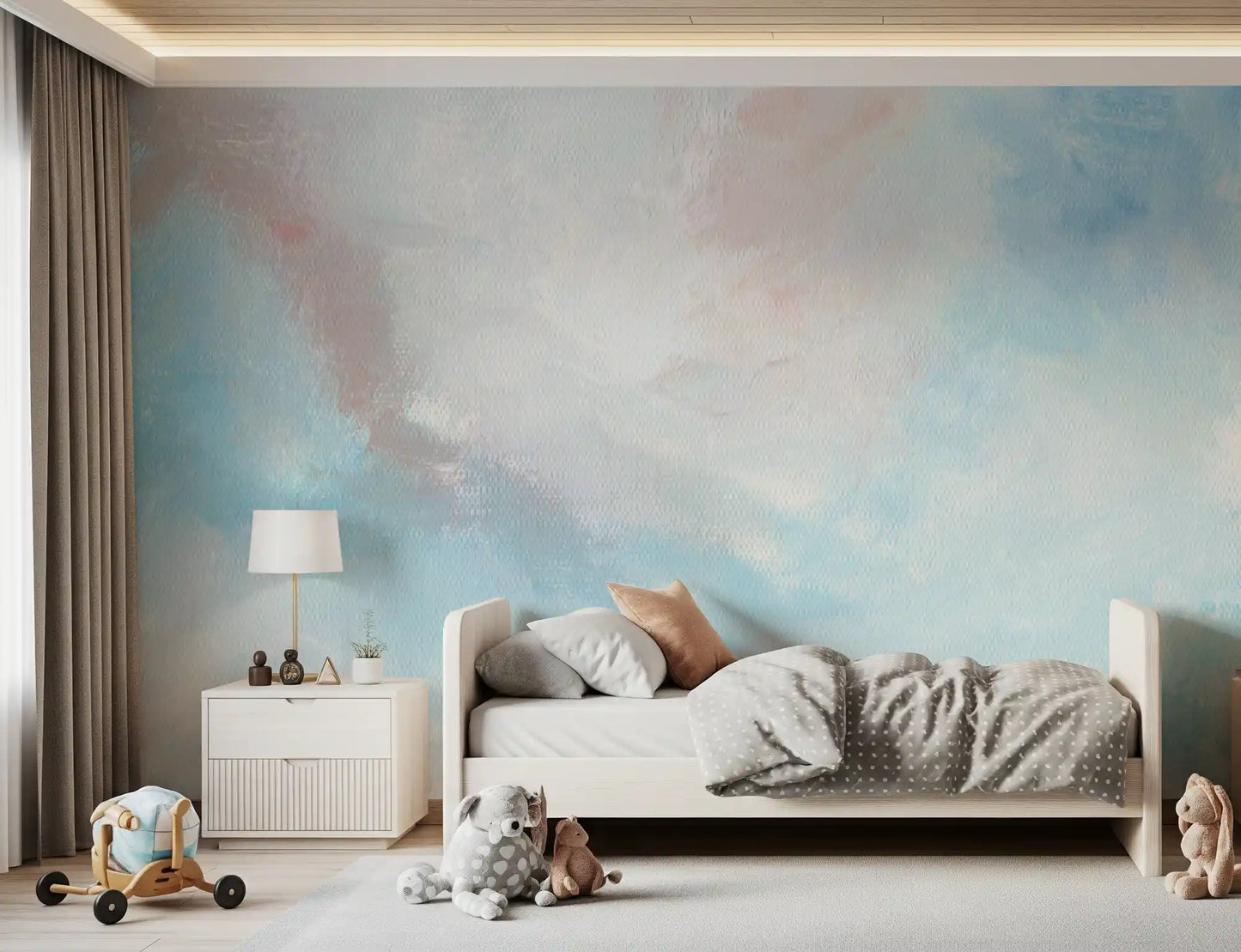 Canvas Sky mural in a kids room with layered blush accents
