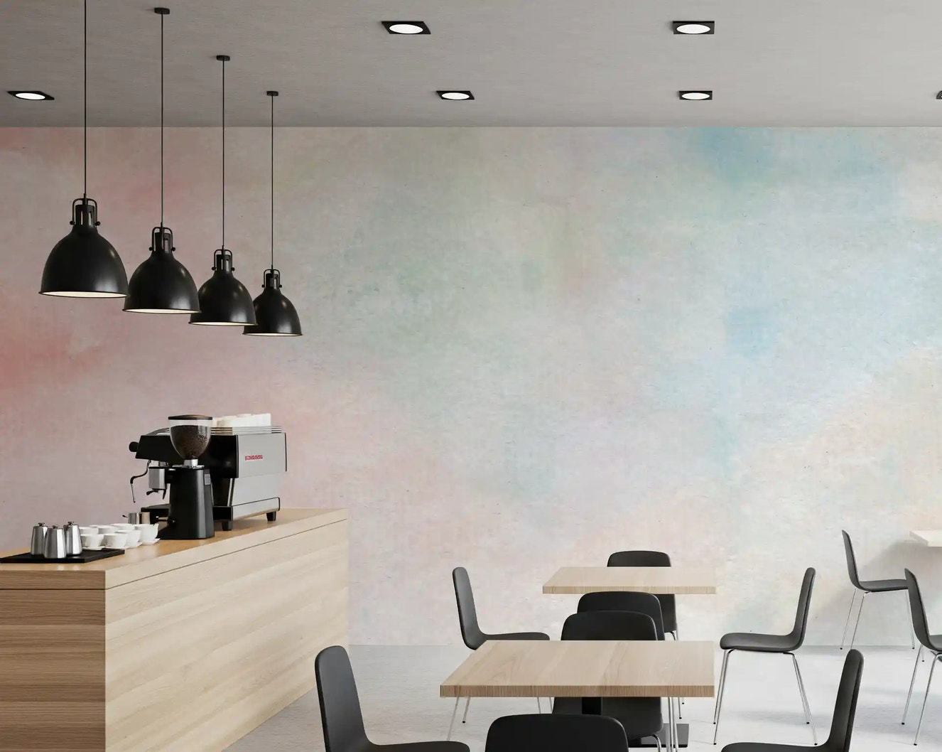 Ethereal watercolor wall mural in a calm restaurants with soft neutral layers
