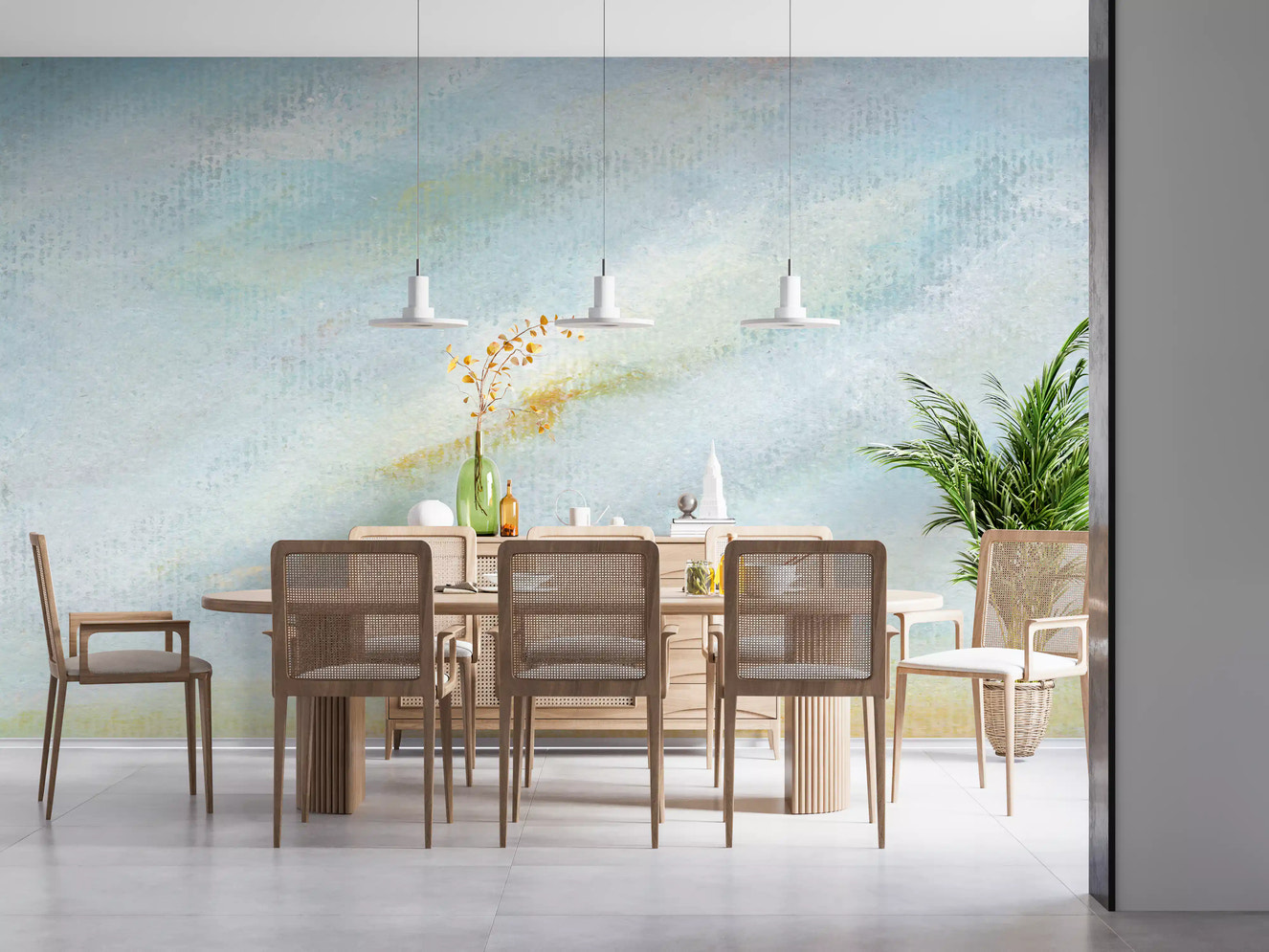 Sky Whisper wall mural in a bright Dining room with pale wood tones