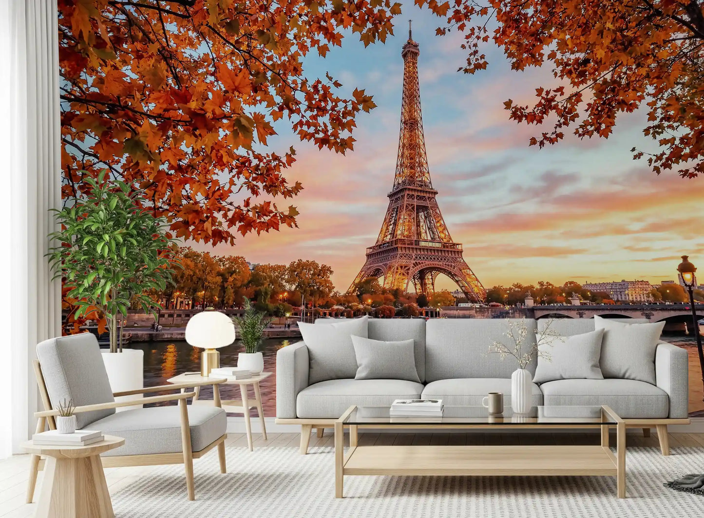 Glow wall mural in a home office with a calm Paris backdrop