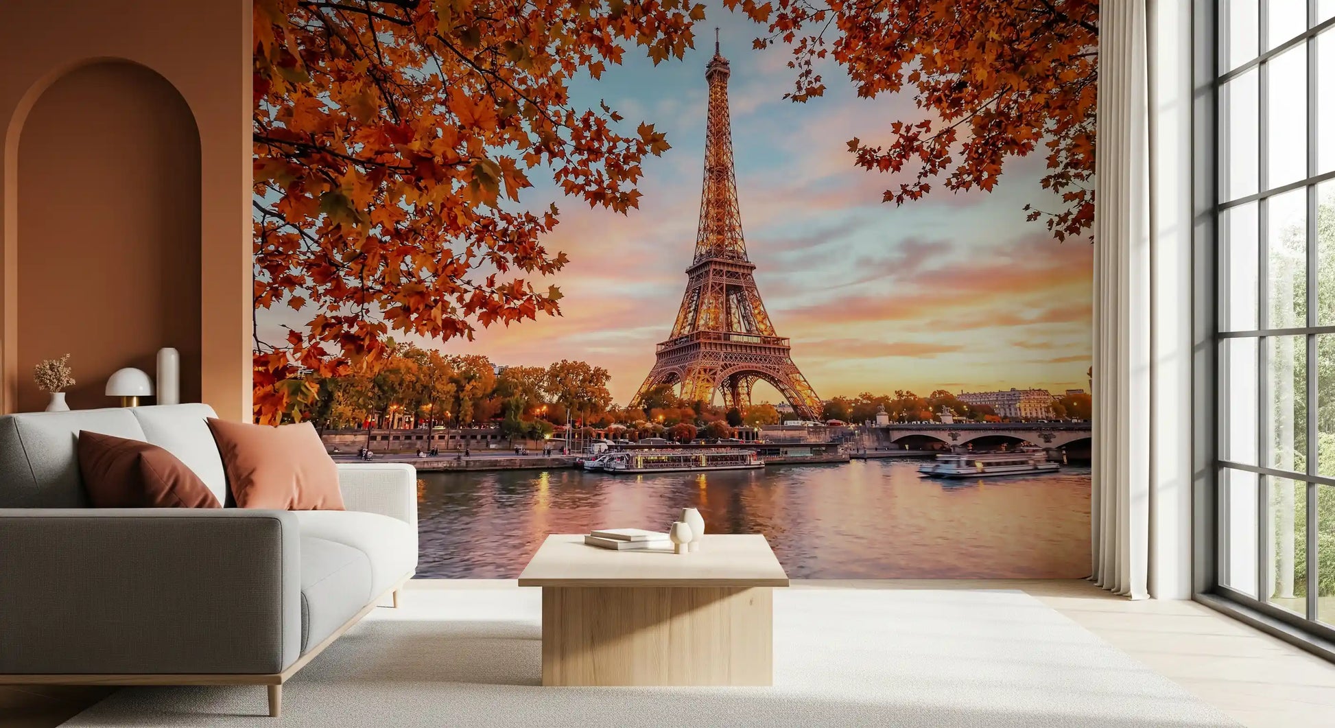 Autumn Eiffel mural with Paris tower beside the Seine and boats