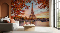 Autumn Eiffel mural with Paris tower beside the Seine and boats