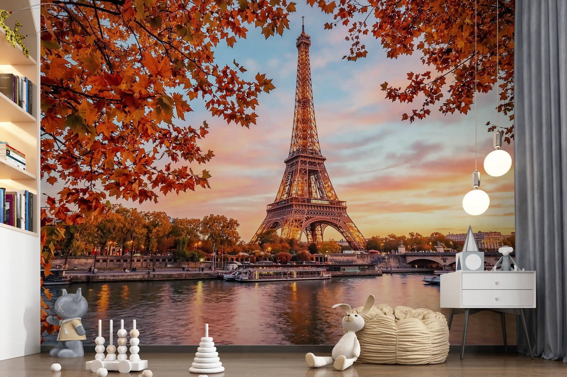 Eiffel Autumn mural in a playroom with layered neutral textures