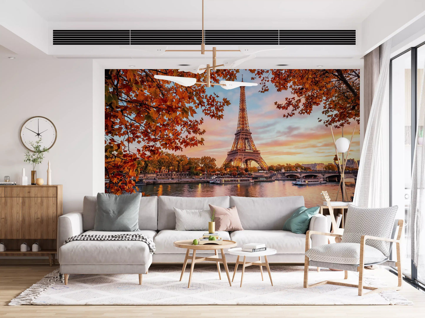 Eiffel wall mural in a hallway  with warm sunset tones