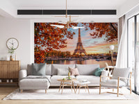 Eiffel wall mural in a hallway  with warm sunset tones