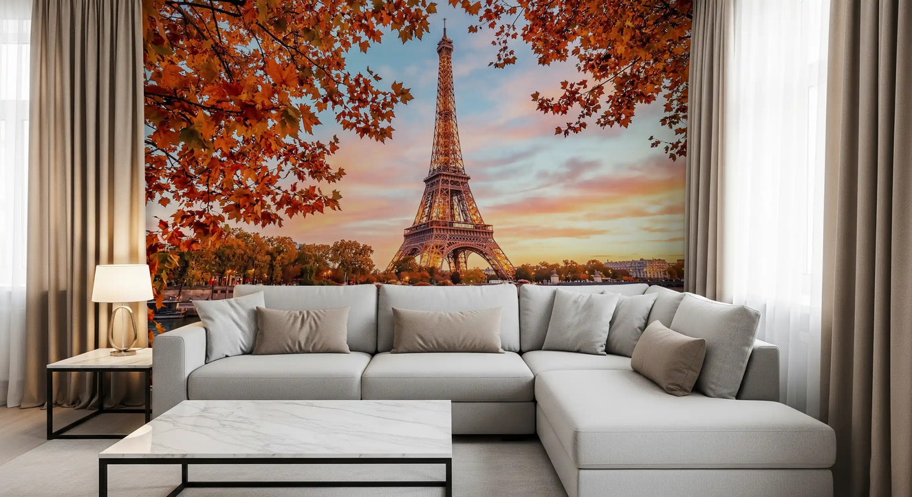 Eiffel Autumn wall mural in a stylish living room with warm accents