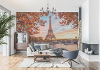 Glow wall mural with Eiffel landmark under a soft sunset sky