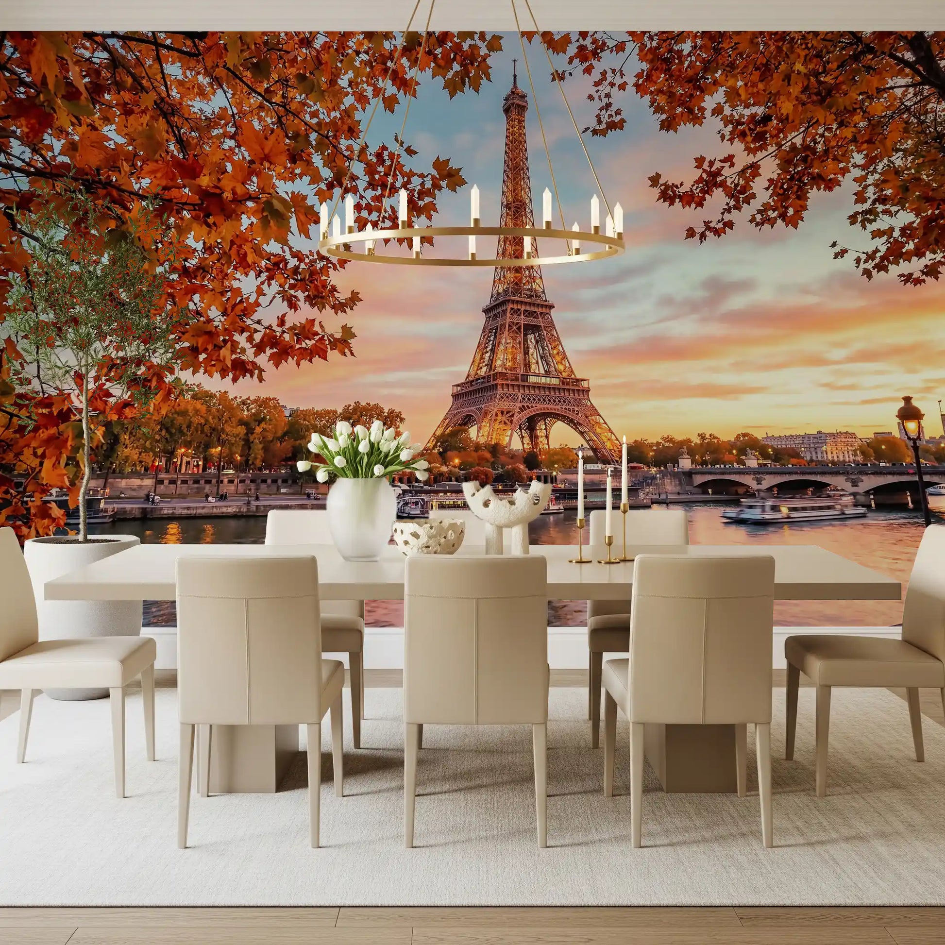 Autumn Eiffel mural in a Dining room area with classic city-inspired style