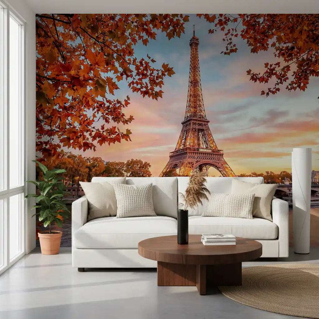 Autumn Glow wall mural behind a bed in a soft Paris living room 