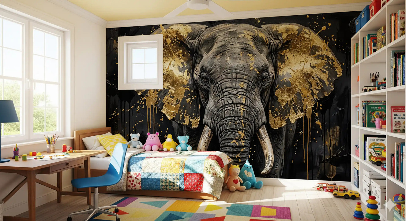 Golden Elephant wall mural behind a luxury Kids room sofa
