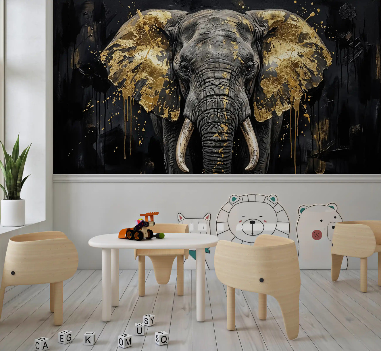 Elephant Grandeur wall mural in a bold modern play room 