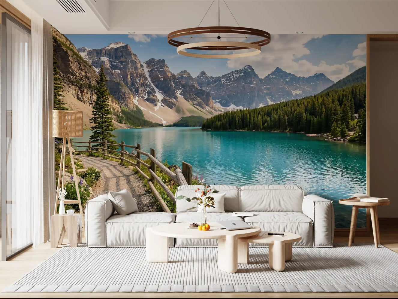 Turquoise Peaks wall mural in a serene living room with wood accents