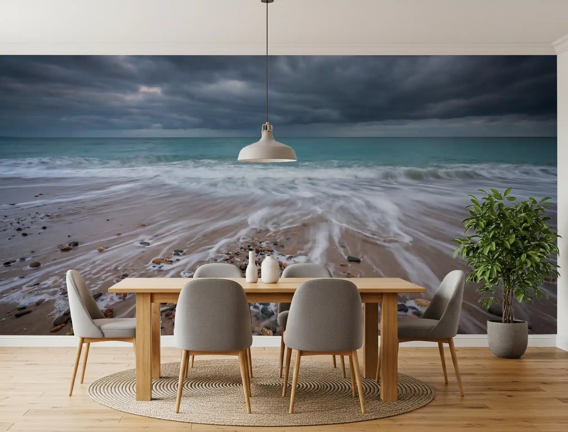 Horizon Flow wall mural in a stylish dining sitting room with airy light
