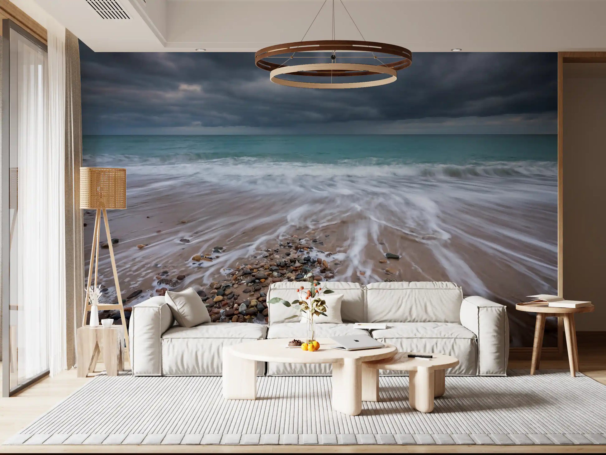 Coastal Flow wall mural in a living room with soft layered fabrics