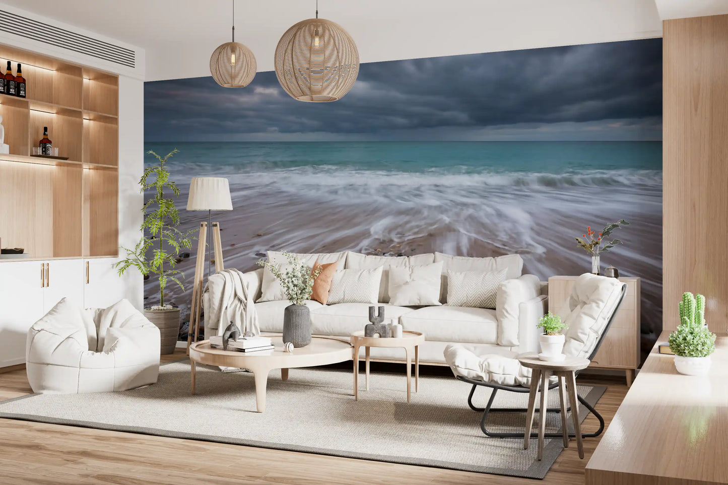 Coastal Horizon wall mural in a serene living room with soft neutral seating