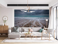 Coastal wall mural in a minimalist entryway with muted furnishings