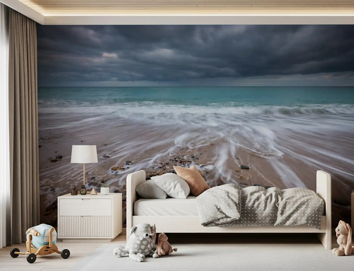 Flow wall mural behind a bedroom bed in a calm coastal setup