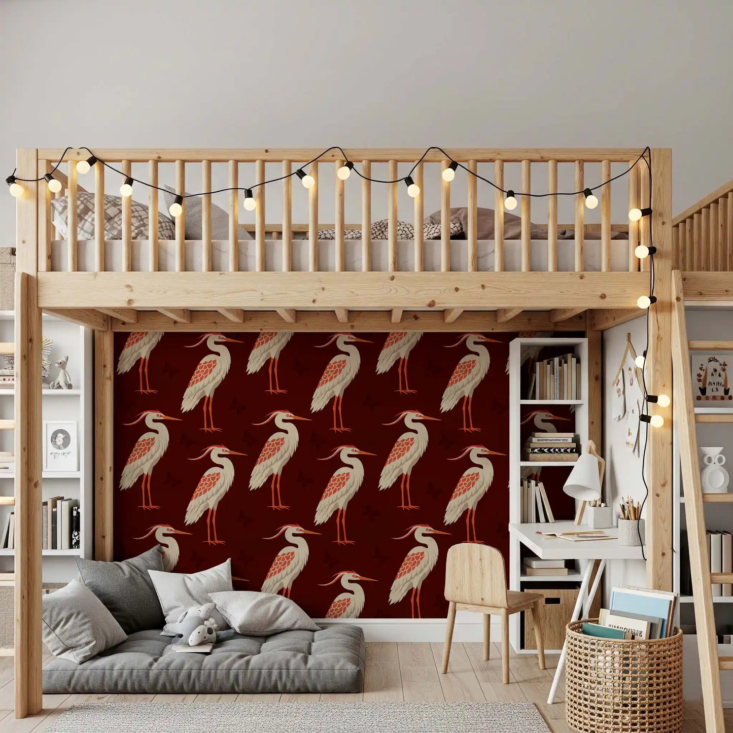 Heron & Butterflies wall mural placed in a calm and polished bedroom