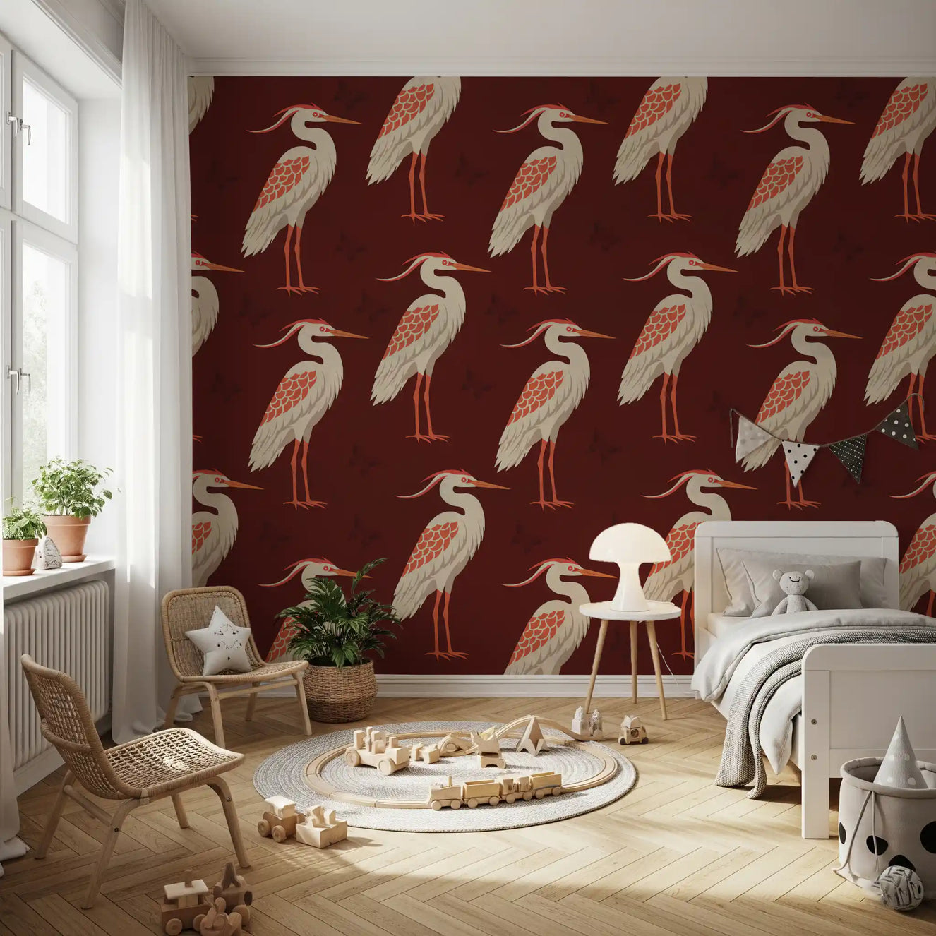 Burgundy Heron wall mural adding bold pattern to an elegant Bedroom
