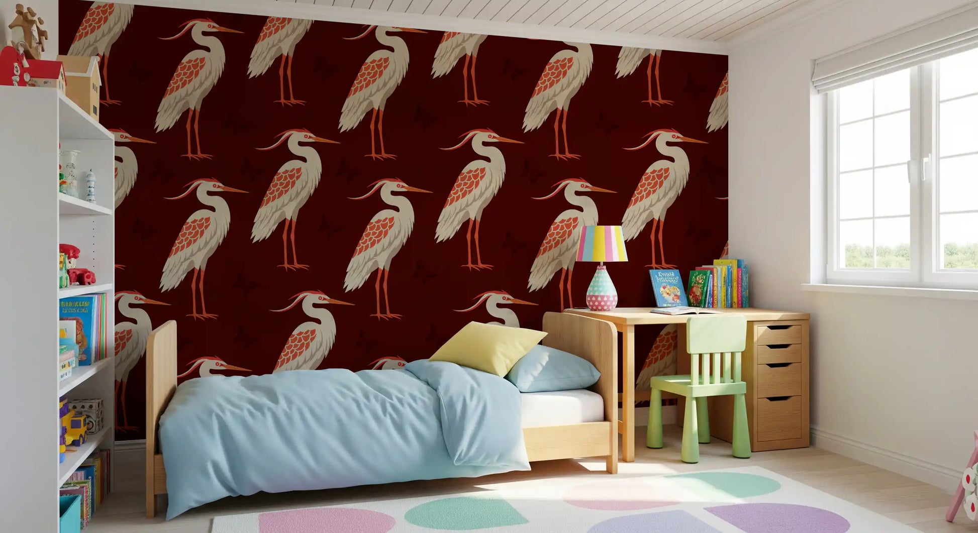 Burgundy Heron wall mural set behind a dark and polished bedroom