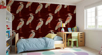 Burgundy Heron wall mural set behind a dark and polished bedroom