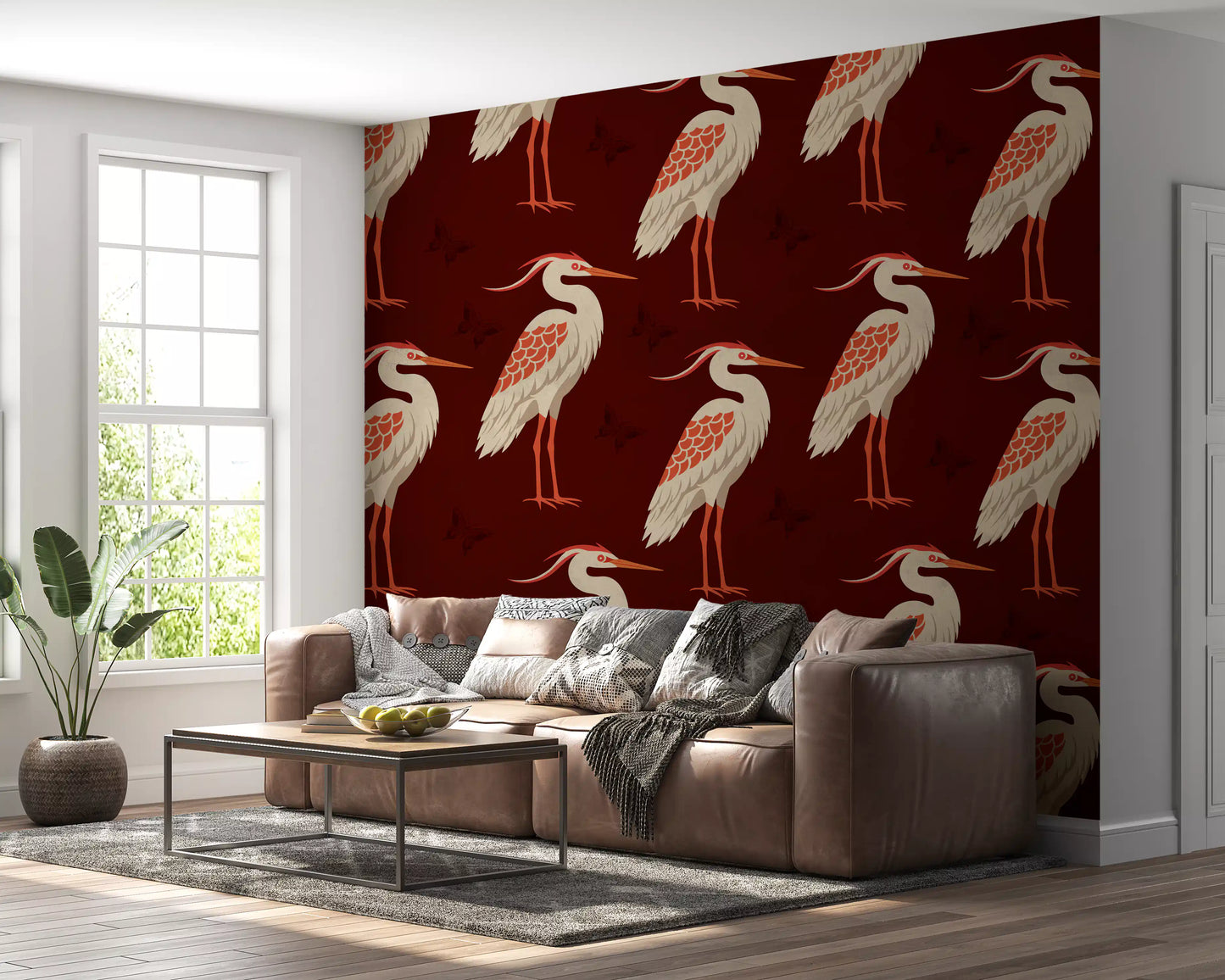 Burgundy Heron wall mural featured in a luxury living room setting