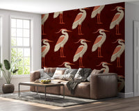 Burgundy Heron wall mural featured in a luxury living room setting